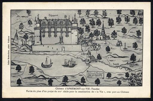 Le château, sur un détail du "Rouleau d'Apremont" (plan d'un projet de canalisation sur la Vie, au XVIe s.) / Jules Robuchon phot.